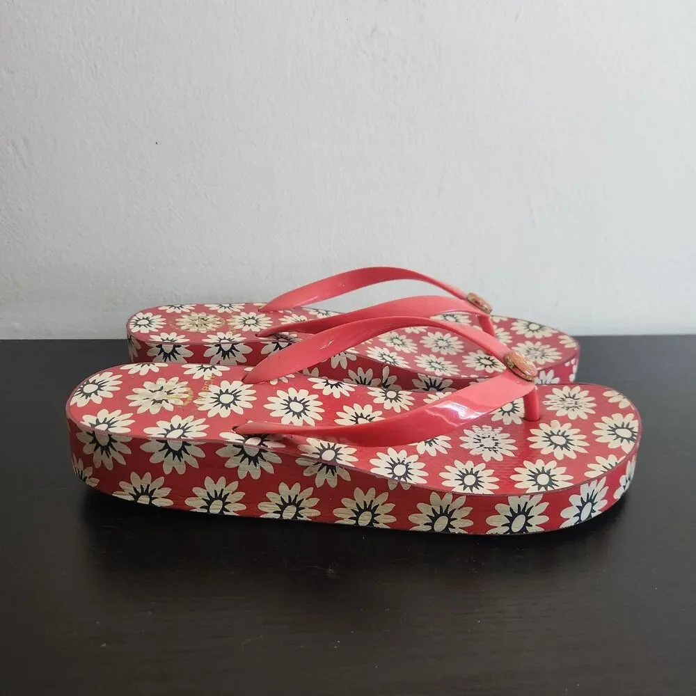 Tory Burch Nantucket daisy red white primrose floral thong sandals wedge lounge